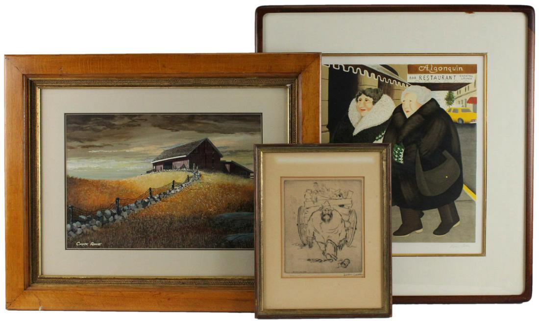 Beryl Cook, Lithograph, "Bar and Barbara": (English, 1926-2008) signed, titled, and numbered 90/300 in pencil. Together with an engraving by John Groth (American, 1908-1988) titled "Full Up" and an acrylic on board of a barn, signed Chuck Rowe
