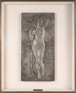 Leonardo Bistolfi, "Primavera": (Italian, 1859-1933) 1905, bas relief in silvered bronze Overall: 22-1/2"h x 18-1/4"w Sight: 16-1/4"h x 7-3/4"w Provenance: Traslucido, Florence; Property from the Estates of David and Laura Finn, Wes