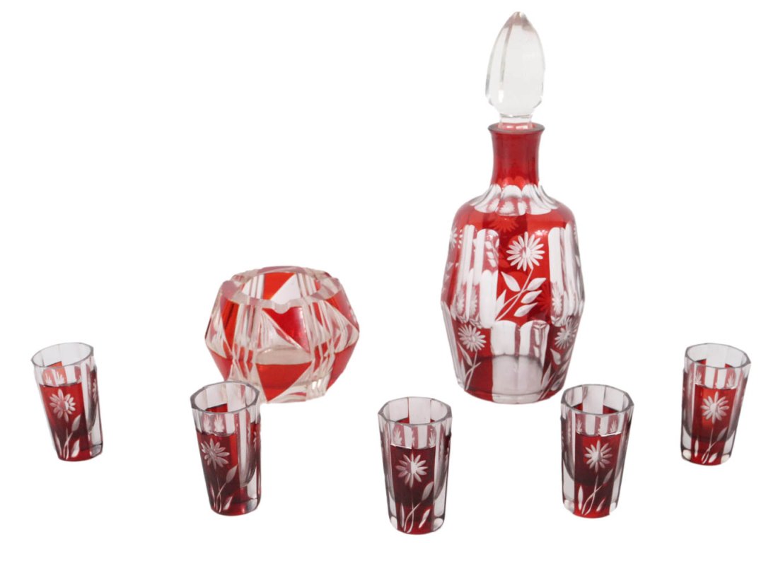 Bohemian Red Cut to Clear Glass Cordial Set (1 of 10)