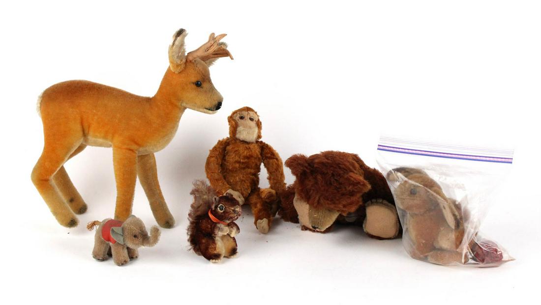Six Stuffed Animal Toys Including Steiff: Comprising a Steiff Elephant, a squirrel, a monkey, a Steiff rabbit, a Steiff bear, and a Steiff deer Losses, wear, rabbit torn badly. Provenance: Property from the Collection of Maggie Cohen, New Yor