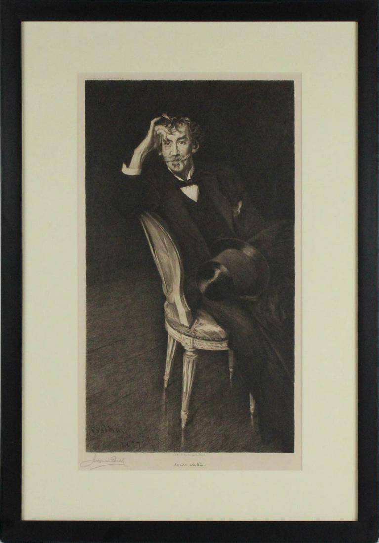 Jacques Reich Etching of Whistler, after Boldini: (Hungarian, 1852-1923) signed l.l. in pencil "Jacques Reich" and signed in print "Boldini 1897" after Giovanni Boldini. Overall: 30"h x 21"w Sight: 22"h x 12-1/2"w