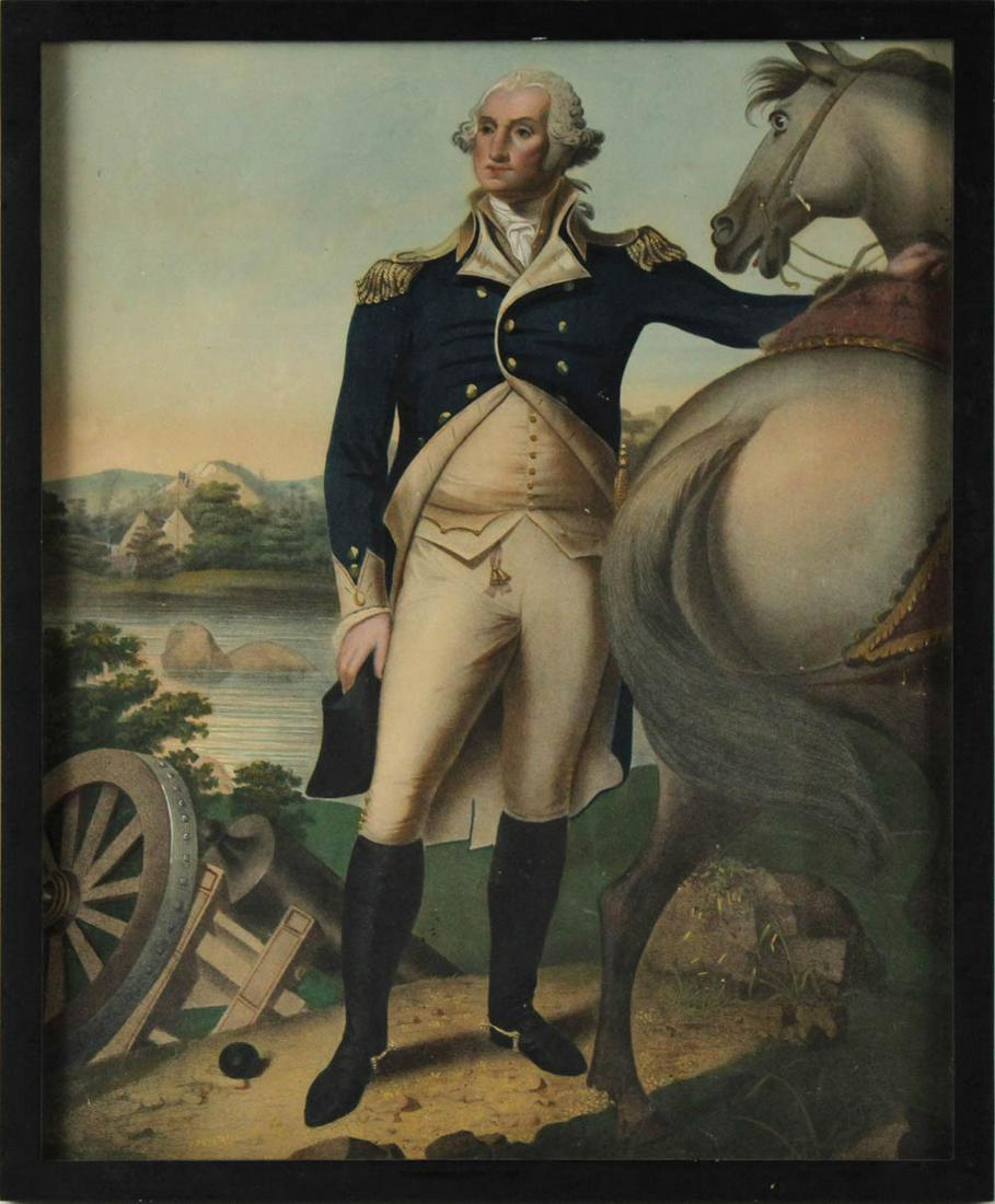 After Stuart, Chromolithograph of Washington: ca. 1840, chromolithograph of Washington and his horse Blueskin, after Gilbert Stuart, not examined out of frame Overall: 21"h x 17"w Sight: 19-1/2"h x 15-1/2"w