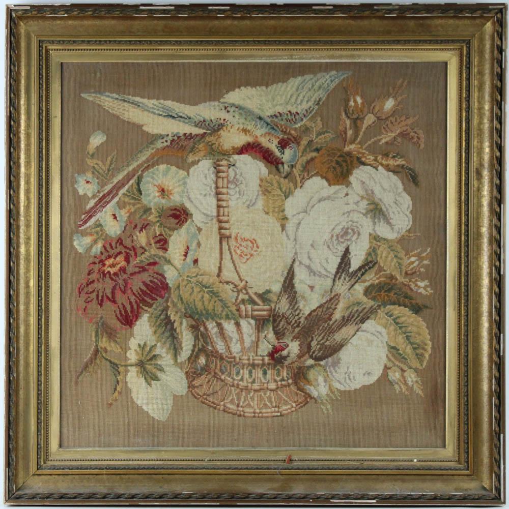 Large Needlework of Two Parrots and Floral Basket (1 of 9)