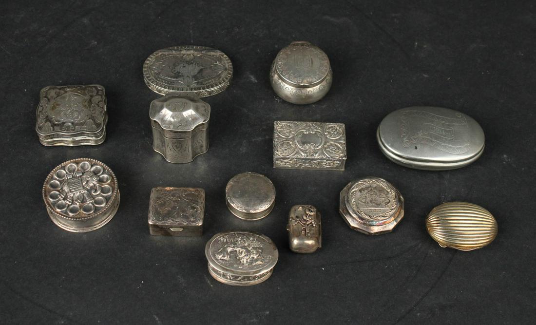 Thirteen Silver and Silver Plated Snuffboxes: Most are Dutch, and most are silver. Some dents and wear. Provenance: Property from a Warwick, NY Estate