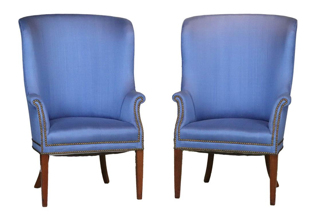 Near Pair of George III Style Mahogany Club Chairs: English, with blue upholstery. 43-3/4"h x 27-1/2"w x 21"d Provenance: Property from a Warwick, NY Estate
