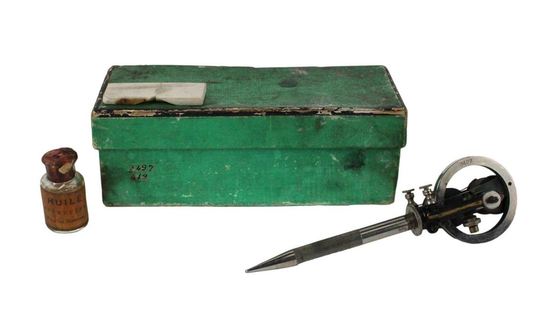 Edison Electric Pen: No. 3497 on wheel, includes original box, wires, and stone sharpening tool. This pen is included in the current listing of the 52 pens in the Edison Electric Pen registry. Similar examples can be seen