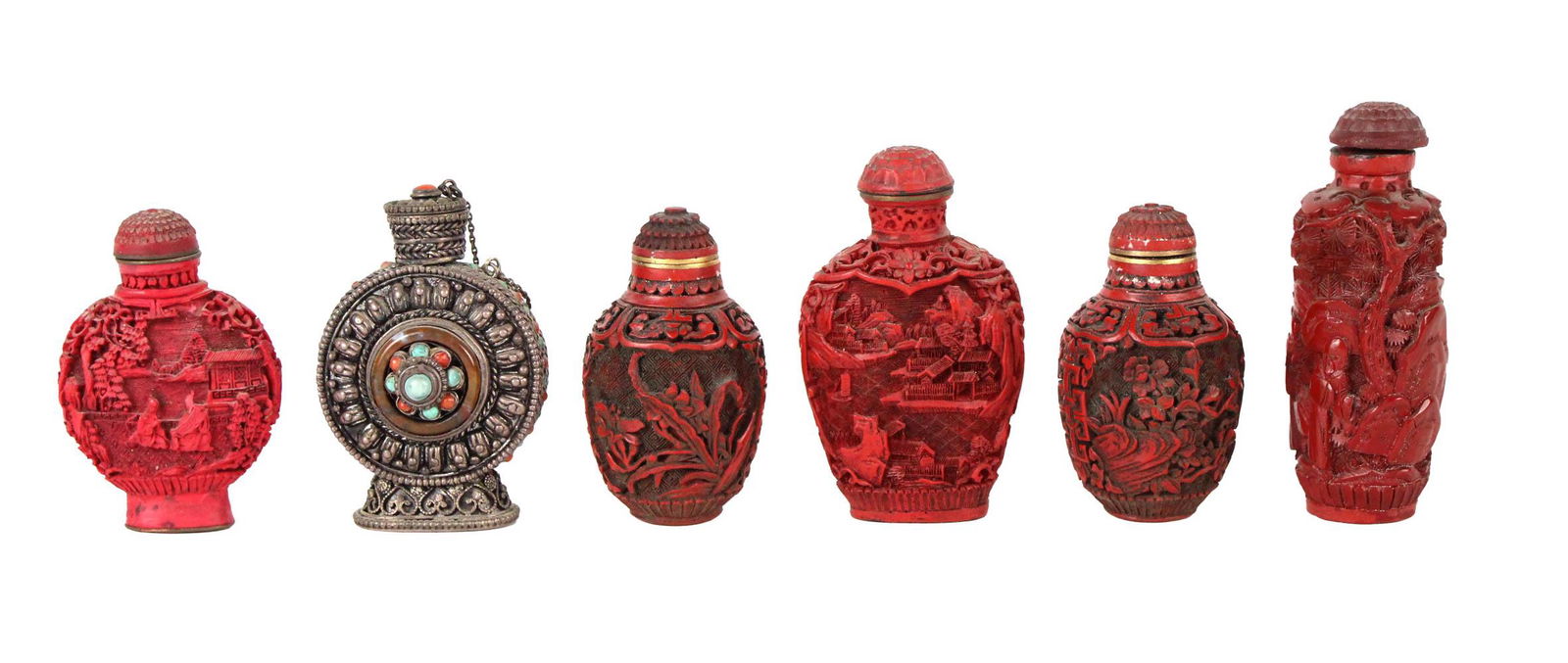 Six Chinese Cinnabar and Metal Snuff Bottles (1 of 8)