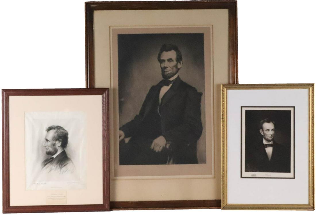 Three Prints of Abraham Lincoln: One signed "From Life by T.B Carpenter 1864", one by Thomas Johnson, after the photograph by Matthew Brady taken in 1861, and one by James Dime. Overall: 37-1/2"h x 27-3/4"w, 22"h x 19-1/4"w, and 22-1