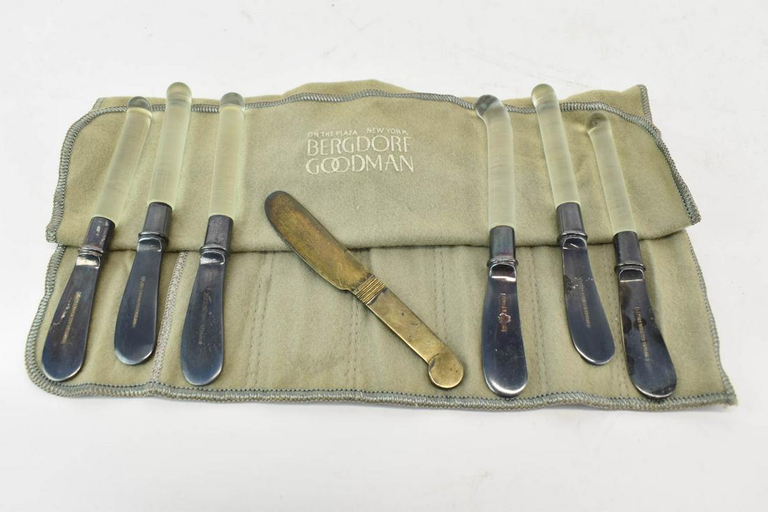 Barker Bros. Ltd, England Glass Handled Butters: Barker Bros. Ltd, England Glass Handled Butters, stamped silver plated blades butter spreaders, each 4-3/4"h, with a Christofle butter spreader Used condition, wear, worn