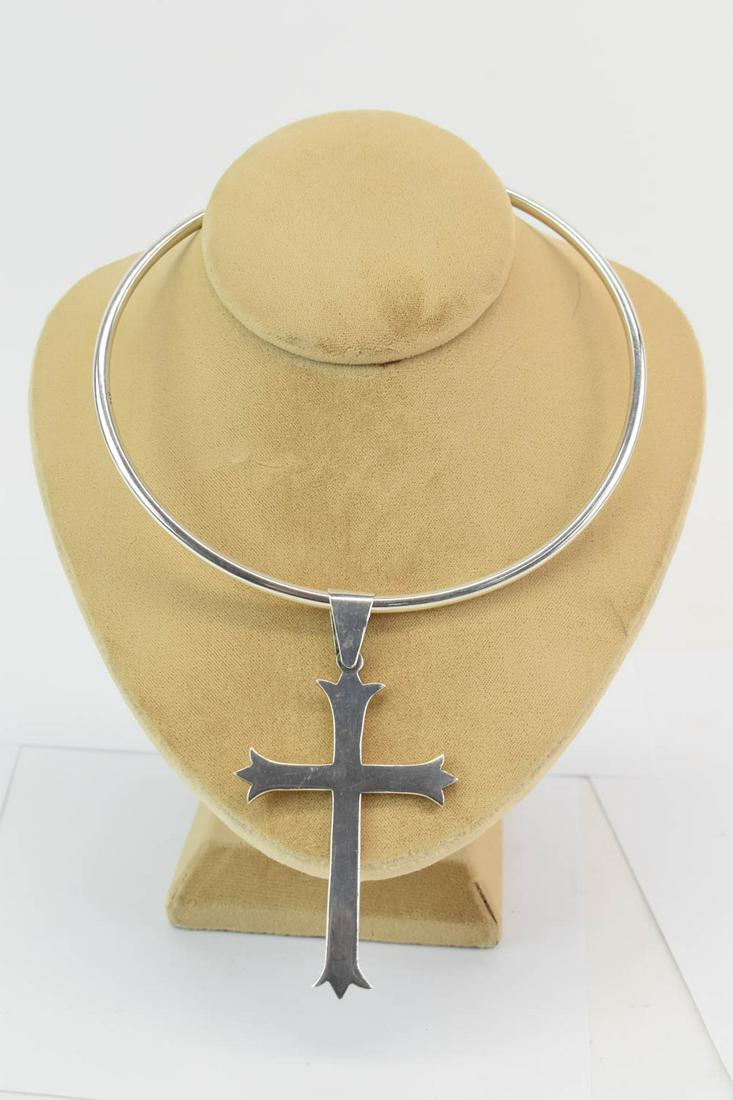 Mexican Sterling Silver Choker with Cross Pendant: Mexican Sterling Silver Choker with Cross Pendant (Choker marked "Mexico 925", Pendant marked "Mexico JGC 925"; used condition; choker measures approximately 5 1/4" wide x 5" tall with a weight of app
