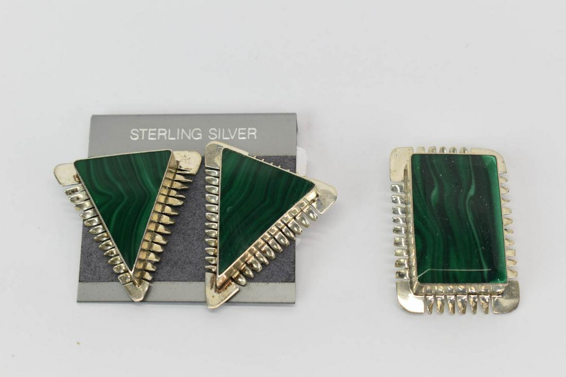 Sterling Silver and Malachite Calderon Atachi Set: Sterling Silver and Malachite Calderon Atachi Earclip and Pin/Pendant Set from Mexico (3 pieces total), stamped "Calderon Atachi Sterling TC-84 Mexico," pendant has pin backing on rear and loop for ch