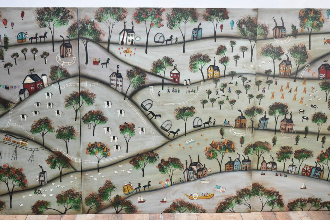 Grandma Moses Style Triptych Folk Art Landscape (1 of 3)