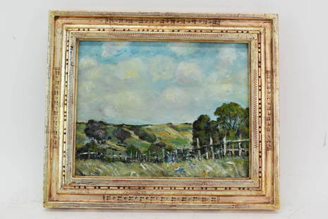 Evelyn Faherty Oil on Masonite Framed Painting: Evelyn Faherty Oil on Masonite Framed Painting "After Alfred Sisley - "Meadows", painted 1980 framed in a honey gold frame with carvings Used condition Overall: 13-3/16" x 11-1/16" Sight: 9-5/8" x 7-1