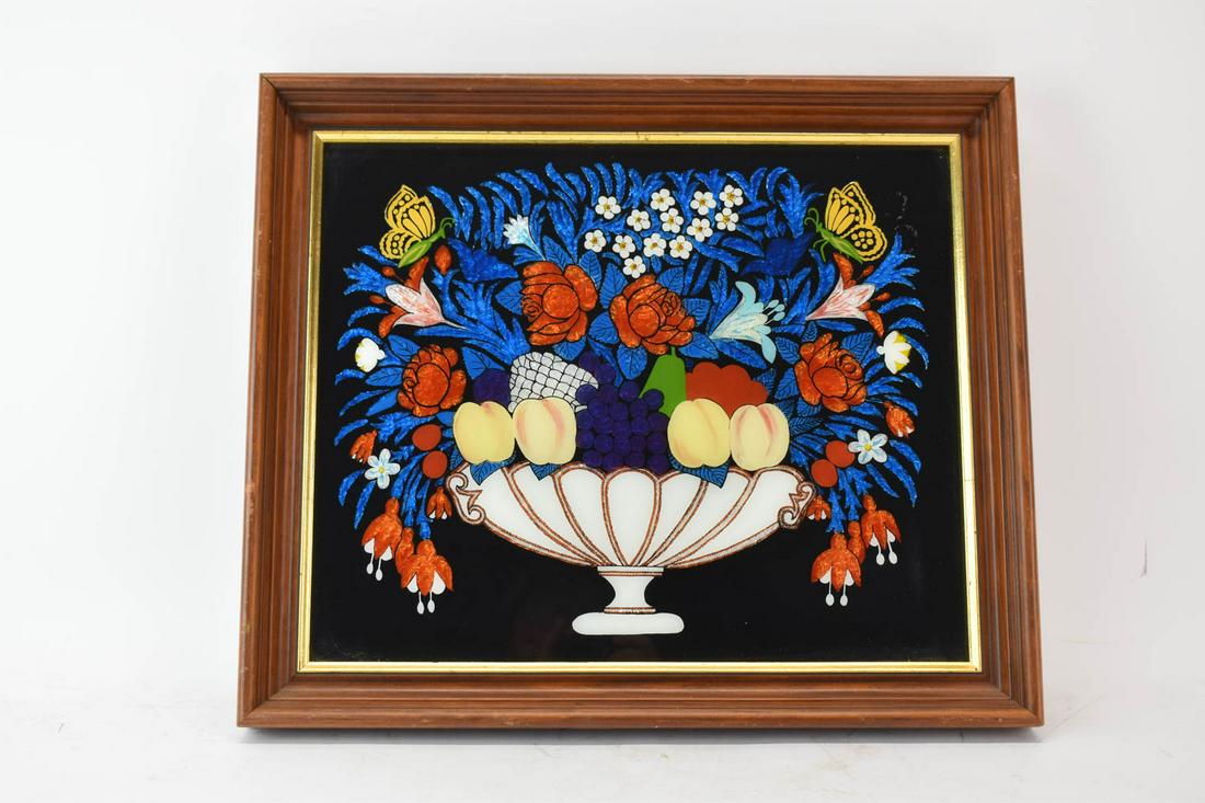 Reverse Painting on Glass of Fruit Basket: Reverse Painting on Glass of Fruit Basket, copied after an example in the collection of the Metropolitan Museum of Art, done ca. 1860; the paper lining on the back with pencil inscription "Painted by 