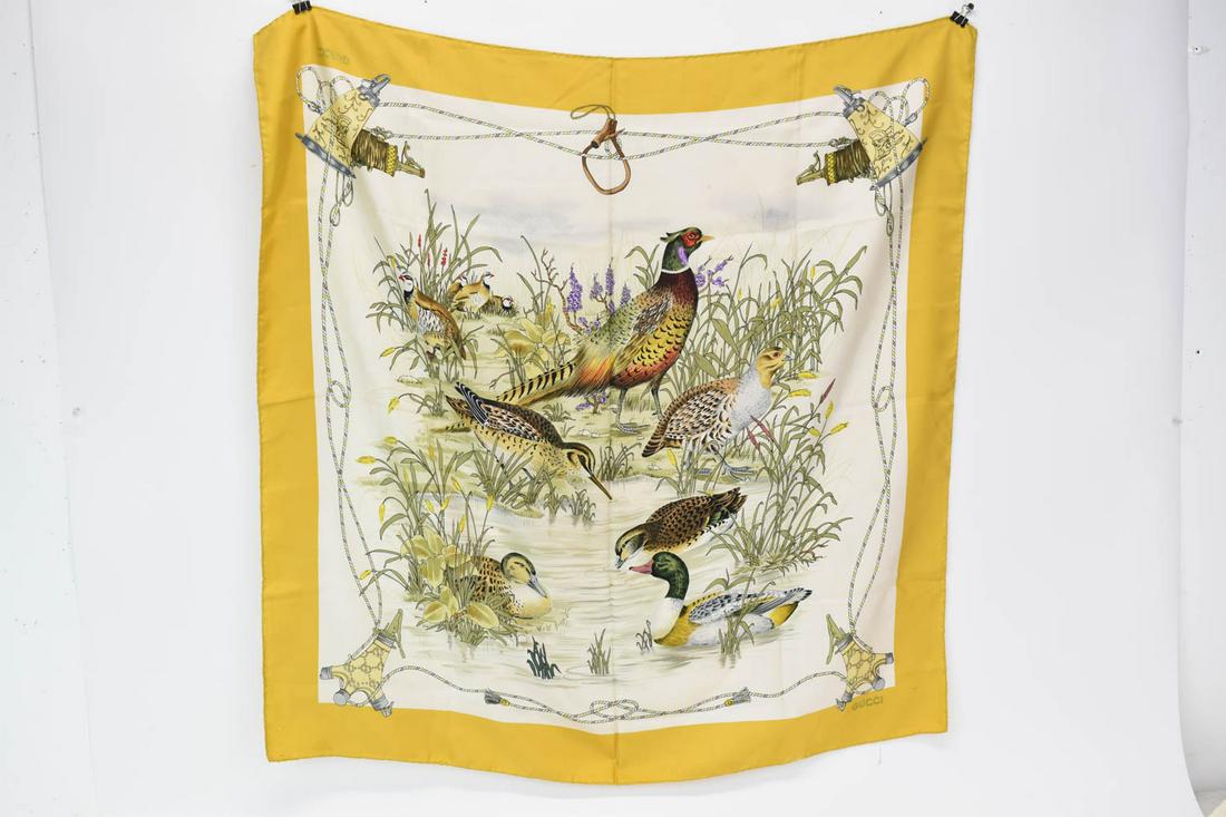 Vintage Gucci Silk Scarf: Vintage Gucci Silk Scarf depicting Ducks, Pheasants, Grouse and Powder Flasks Used condition, stains 34" x 34"