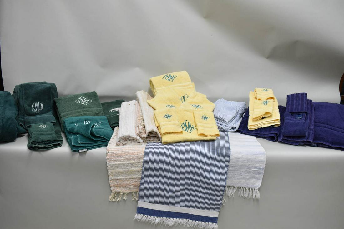 Group of Assorted Towels and Linens: Group of Assorted Towels and Linens. Used condition, wear, very worn, some monogrammed.