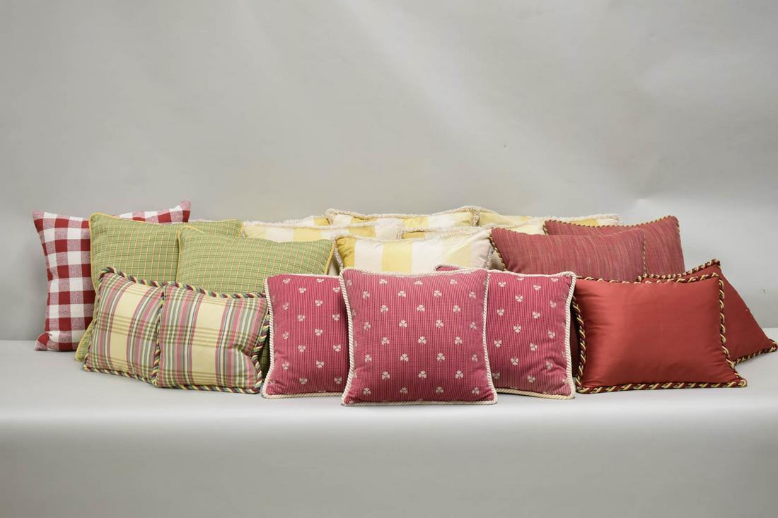 Group of Jim Thompson Throw Pillows: Group of Jim Thompson Throw Pillows, 20th/21st C., appx. 14 pieces total Used condition, wear, worn, stains