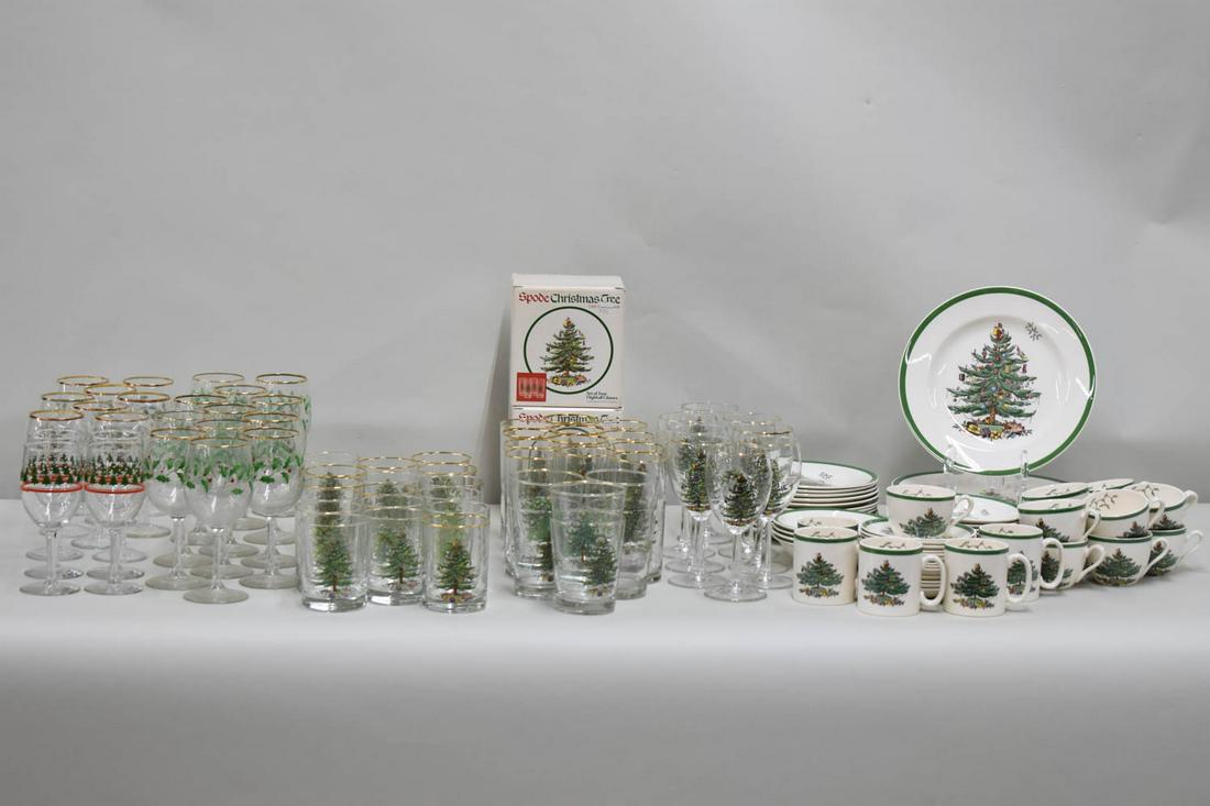 Large Group Spode Christmas Plates and Glassware: Large Group of Spode Christmas Plates and Glassware to include twelve Christmas Tree pattern 7-3/4" plates, twenty-five assorted Christmas wine stems (five appear to be Spode), six glass tumblers, sev