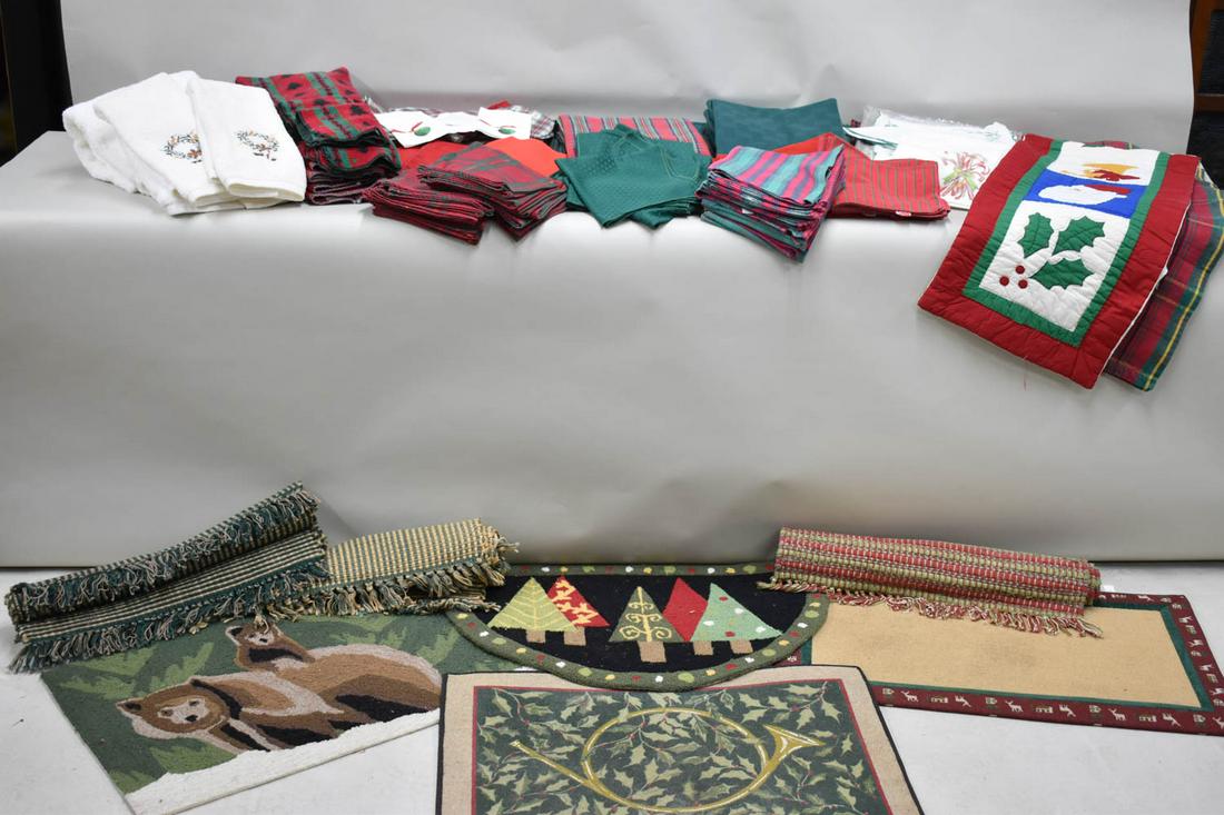 Group of Assorted Christmas Time Linens: Group of Assorted Christmas Time Table Linens, including table runners, table cloths, rugs, towels and placemats. Used condition, wear, worn, some stains