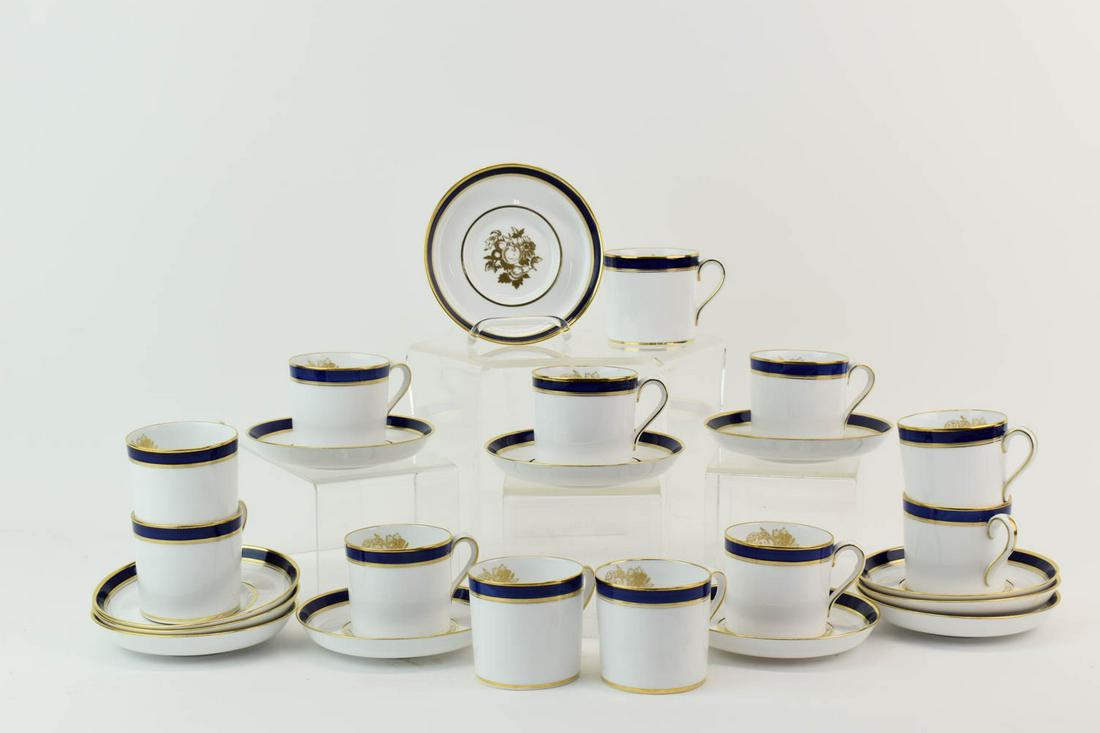 Set of Tiffany and Co Spode Cups and Saucers: Set of Tiffany and Co Spode Cups and Saucers comprising of 12 cups and saucers. Used condition, one cup has hairlines.