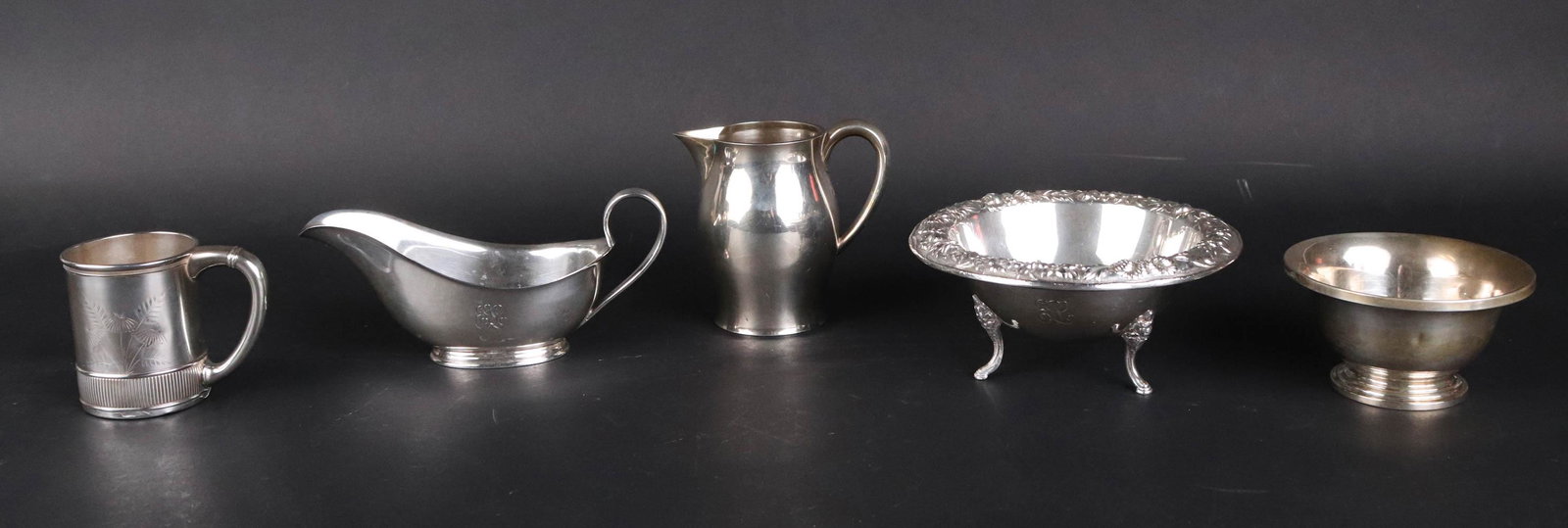 S. Kirk and Son Sterling Silver Footed Bowl: 6"dia; together with sterling: gravy, footed Revere style bowl, pitcher and a cup. Appx. 23 t.o.