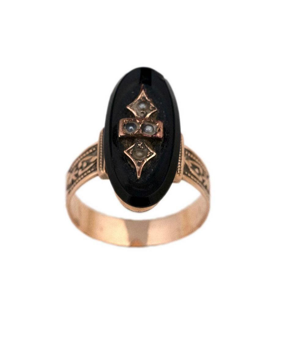 Victorian Rose Gold Onyx Seed Pearl Mourning Ring (1 of 5)