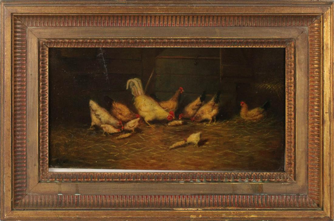 After Edgar Hunt, Oil on Panel, Chicken Coop: (British, 1876-1955) signed "E. Hunt" l.l.c. Overall: 16-3/8"h x 24-3/4"w Sight: 8-1/2"h x 17-1/2"w Provenance: Property from the Estate of Edward G. Bohn