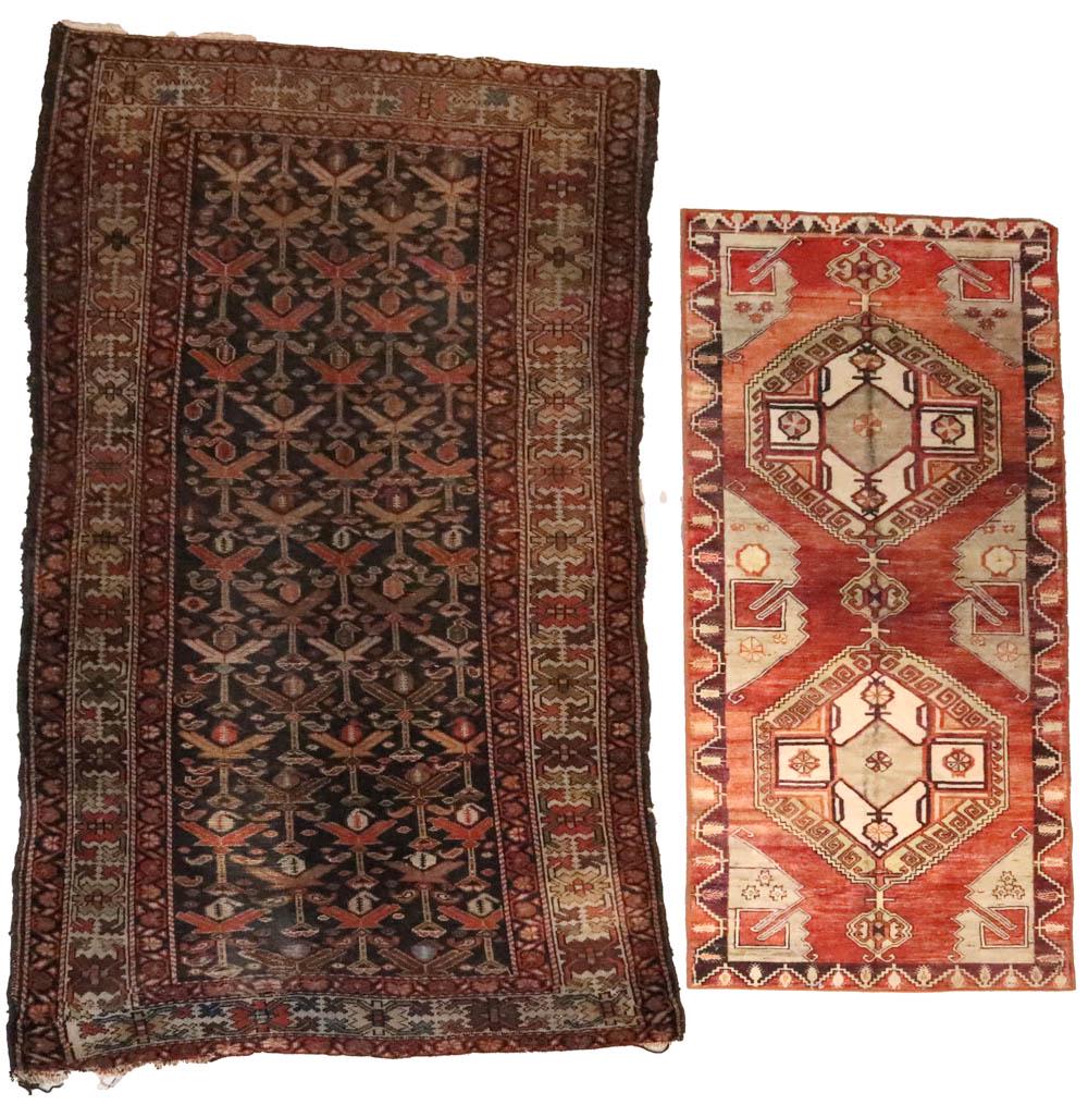 Hamadan Rug: Northwest Persia, first quarter 20th C.; together with a modern Kane washable rug, made in China Wear, threadbare, losses. Sizes from 6'3"l x 41-1/2"w to 24"w x 60"l