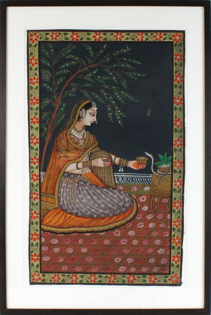 Indian Mixed Media, Woman and Snake: 20th C., on fabric. Overall: 36"h x 24"w Sight: 29-1/2"h x 18"w