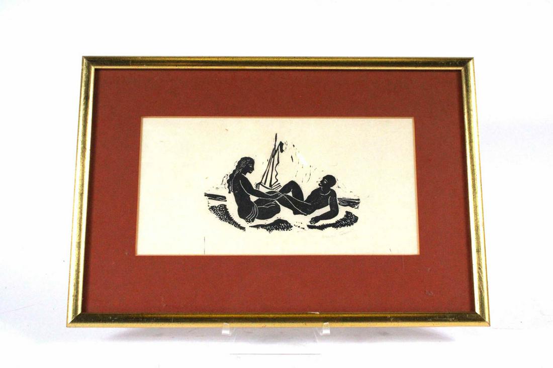 Konrad Cramer, Linocut on Paper, "Adam and Eve": (American, 1888-1963) signed in pencil l.r. Overall: 10"h x 14-3/4"w Sight: 5"h x 10"w