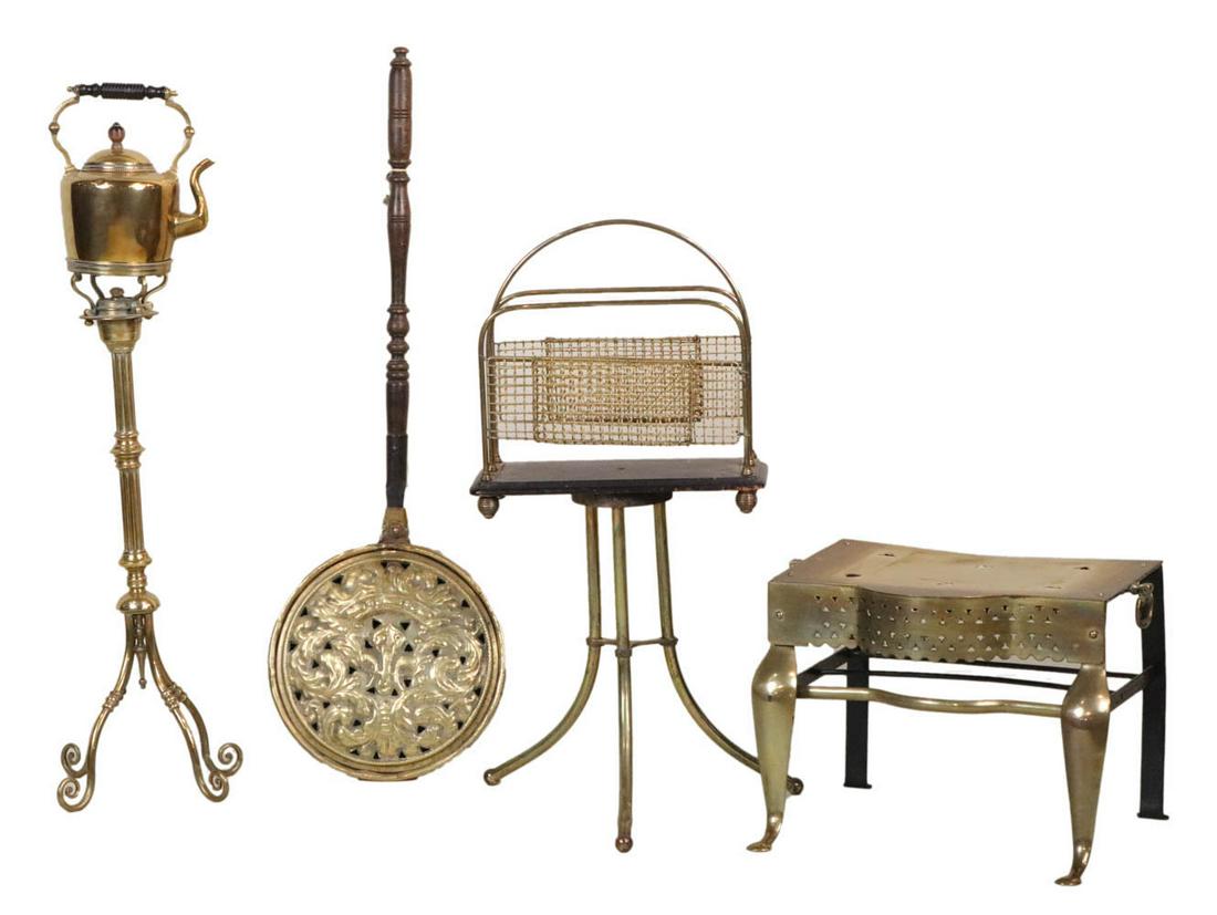 Heart-Decorated Brass Footman: Together with a brass bedwarmer, a brass and wood magazine stand, and a brass kettle on stand. Dents, wear, surface distress. Footman: 12-1/4"h x 17-3/4"w x 12"d