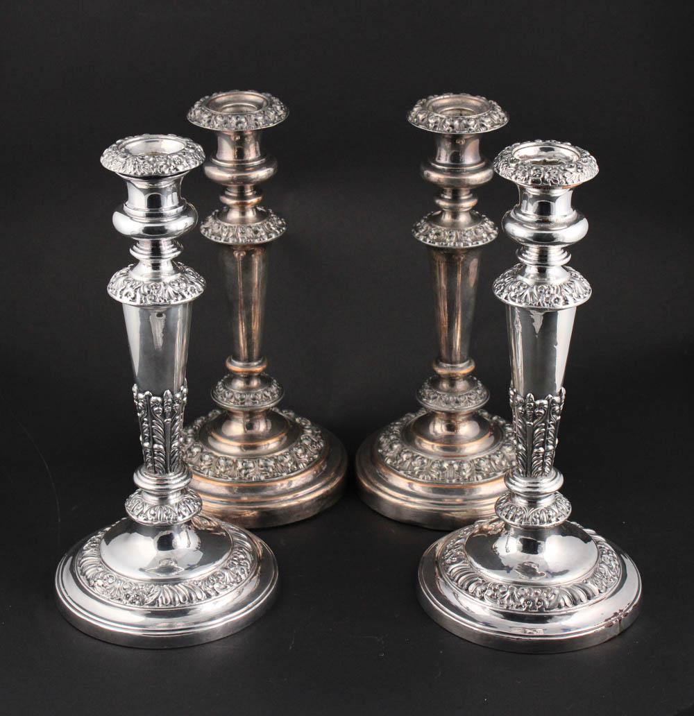 Two Sets Of Silver Plated Candlesticks