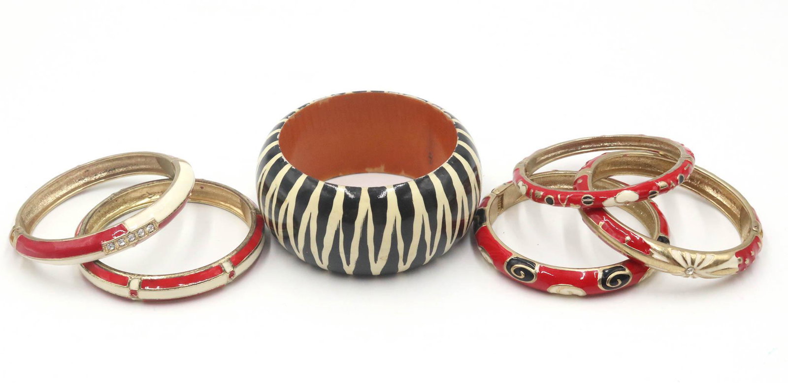 Five Gold Tone Red & Ivory Color Bangle Bracelets (1 of 4)
