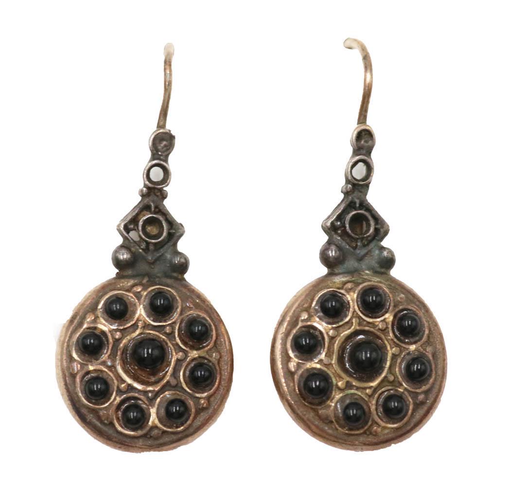 Pair Vermeil Silver & Onyx Coin Form Earrings (1 of 5)
