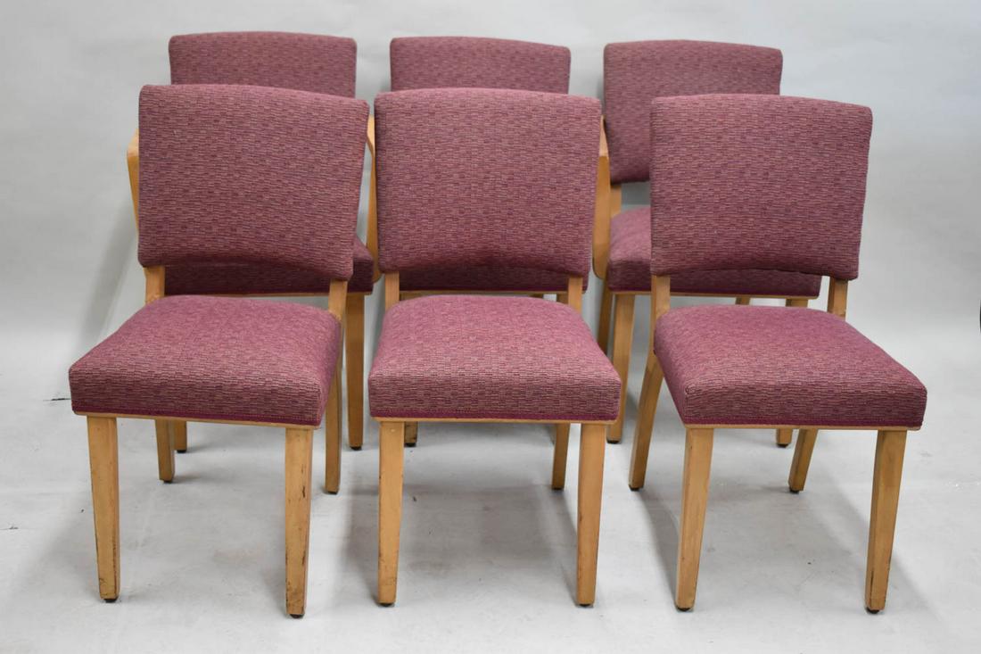 Six Heywood Wakefield Dining Chairs: Six Heywood Wakefield Dining Chairs having two arm chairs and four side chairs with upholstered seats and backrests Used condition, wear/worn, surface distress Armchairs: appx. 32-3/4"h x 22"w x 21"d 
