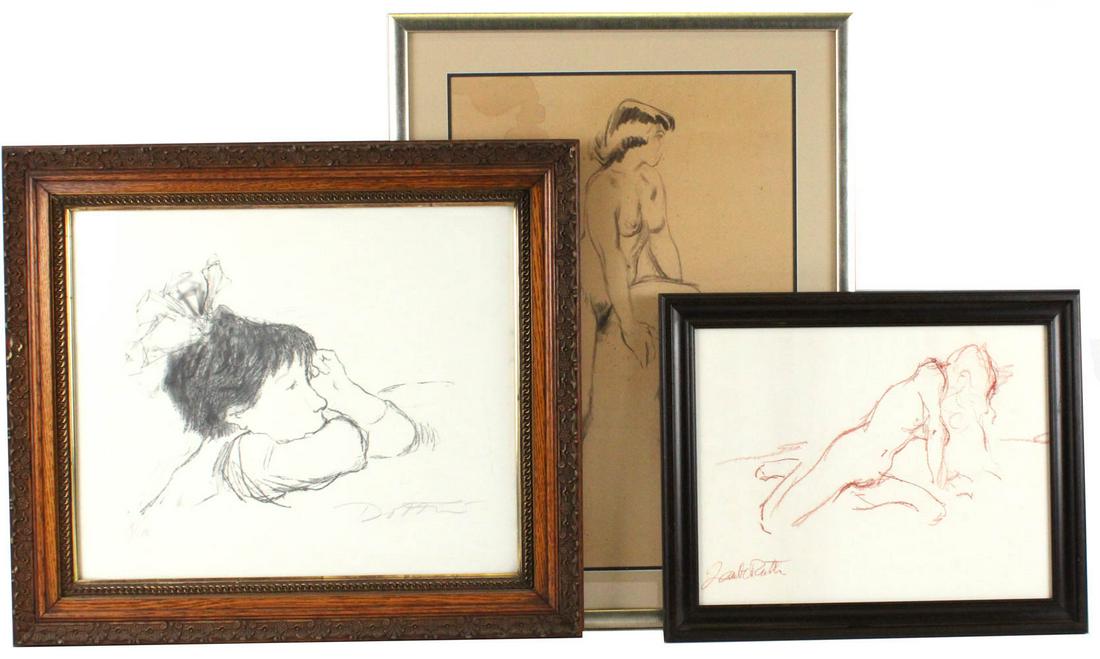 Two Sketches of Nude Women: Two Sketches of Nude Women One in red crayon, signed l.l. "Jan de Ruth" the other an unsigned pencil drawing. Together with a print of a girl wearing a bow, signed illegibly in pencil l.r. and numbere