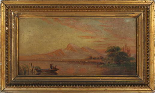 American School, Oil on Board, Sunset Riverscape: American School, Oil on Board, Sunset Riverscape 19th C., appears to be unsigned. In the style of Sanford Robinson Gifford or George Herbert McCord. Overall: 10-1/2"h x 17-1/2"w Sight: 6-1/8"h x 13-1/