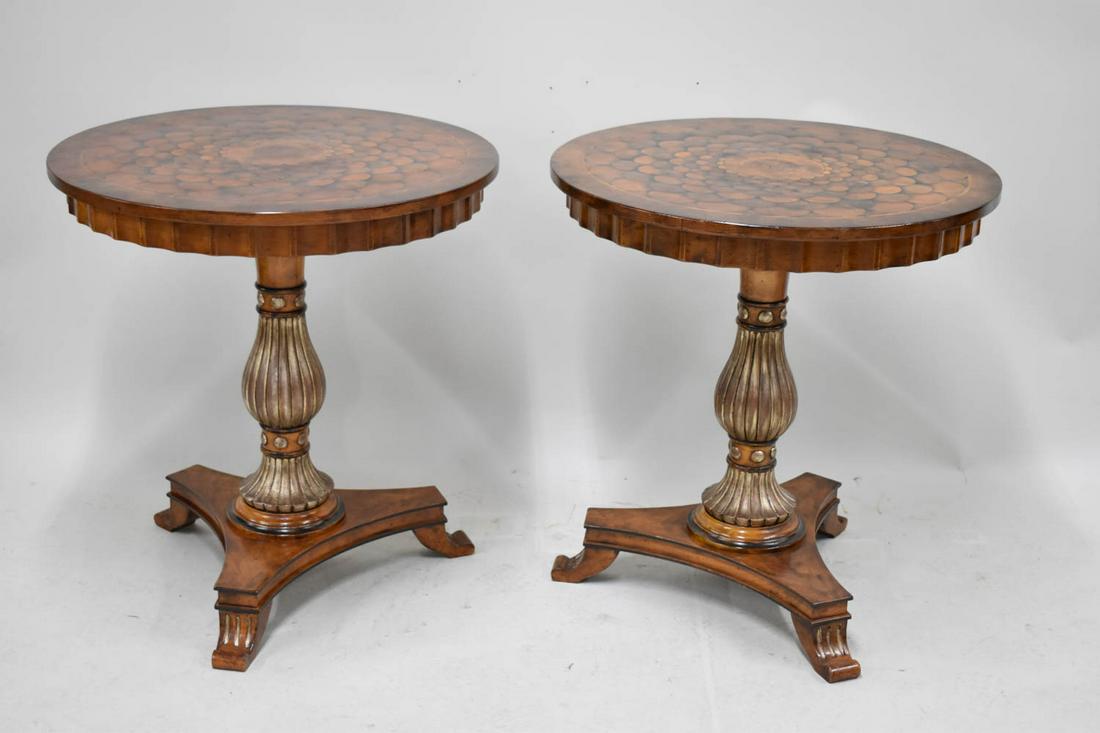 Pair of Regency Style Inlaid Center Tables: Pair of Regency Style Inlaid Center Tables Used condition, wear, worn Each 29-1/4"h x 27-1/2"dia