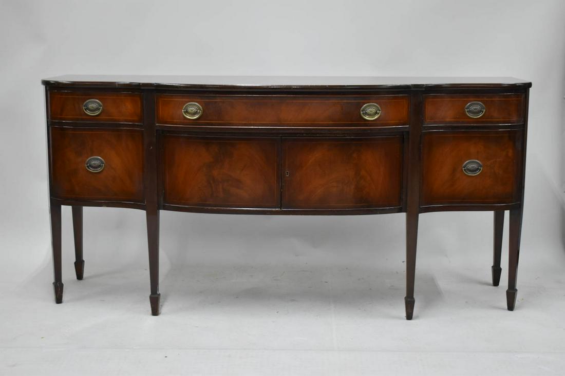 Mahogany Banded Top Sideboard: Mahogany Banded Top Sideboard with shaped front resting on spade feet Used condition, wear, worn 35-1/2"h x 74"w x 24"d