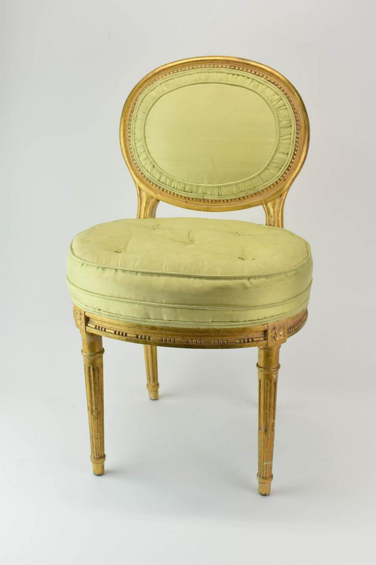 Louis XVI Style Boudoir Chair: Louis XVI Style Boudoir Chair Used condition, stains throughout upholstery 27-1/2"h x 15"w x 15"d x 15-1/2"h to top of cushion.