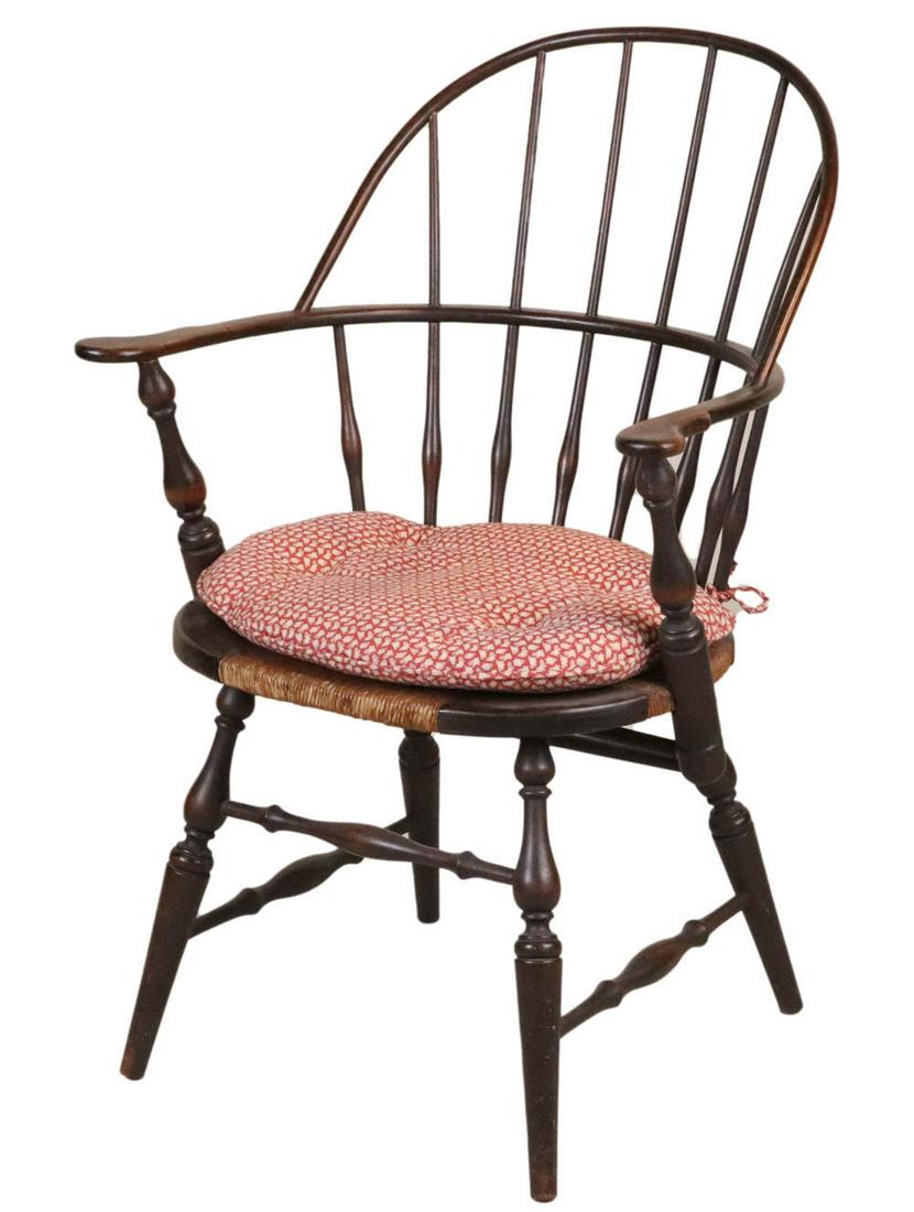 Windsor Rush Seat Armchair: Windsor Rush Seat Armchair Probably English, 19th/20th C. Some wear. 36-3/4"h x 26-1/4"w x 20"d