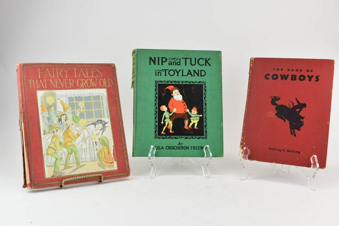 Leila Freeman, "Nip and Tuck in Toyland": Nip and Tuck in Toyland by Leila Freeman 1927; together with "Fairy Tales That Never Grow Old", Star Edition, 1927, and "The Book of Cowboys" by Holling C. Holling, 1936. Used condition, wear, worn. "