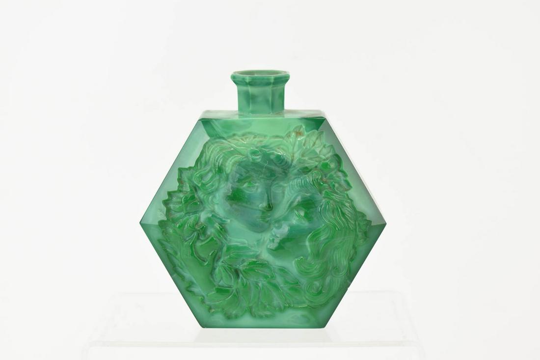 Carved Malachite Flask Depicting Adam and Eve: Carved Malachite Flask Depicting Adam and Eve, hexagonal shaped vessel, appears to be unsigned Used condition, wear, worn, small chips Appx. 5-1/4"h x 5"w x 2"d