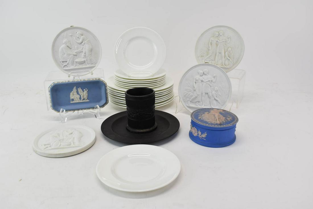 Group of Wedgwood Ceramics: Group of Wedgwood Ceramics, including a tray, a trinket box, and a jasperware cup and bowl; together with a set of four Royal Copenhagen Neoclassical style porcelain plaques and a group of contemporar