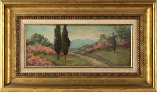 Ernest Albert, Landscape with Cypresses: (American, 1857-1946) oil on canvas, signed "Ernest Albert A.N.A." l.l.c. Overall: 14-1/2"h x 24-1/2"w Sight: 6-1/2"h x 6-1/2"w Provenance: Property from the Estate of Edward G. Bohn