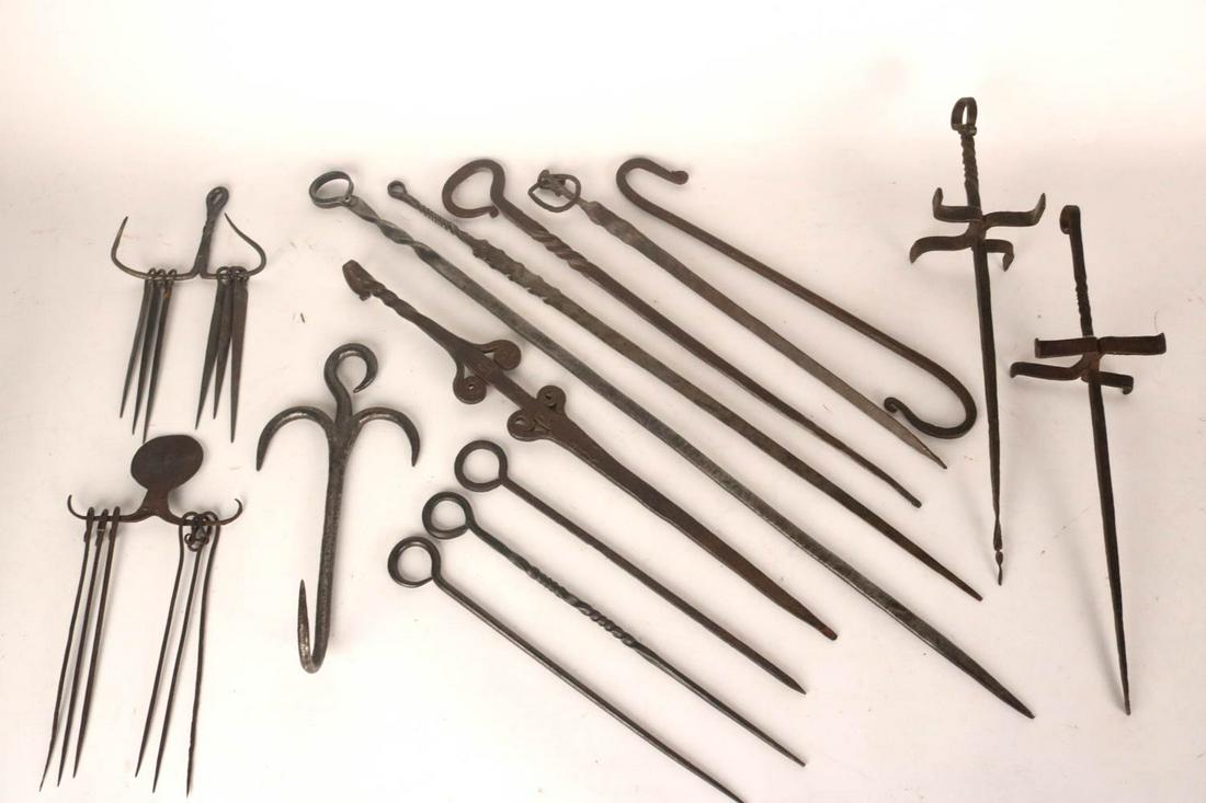 Group of Wrought-Iron Skewers and Hooks: 18th C. or later, appx. 14 pieces Rust, wear, surface distress. Largest: 29-1/2"l