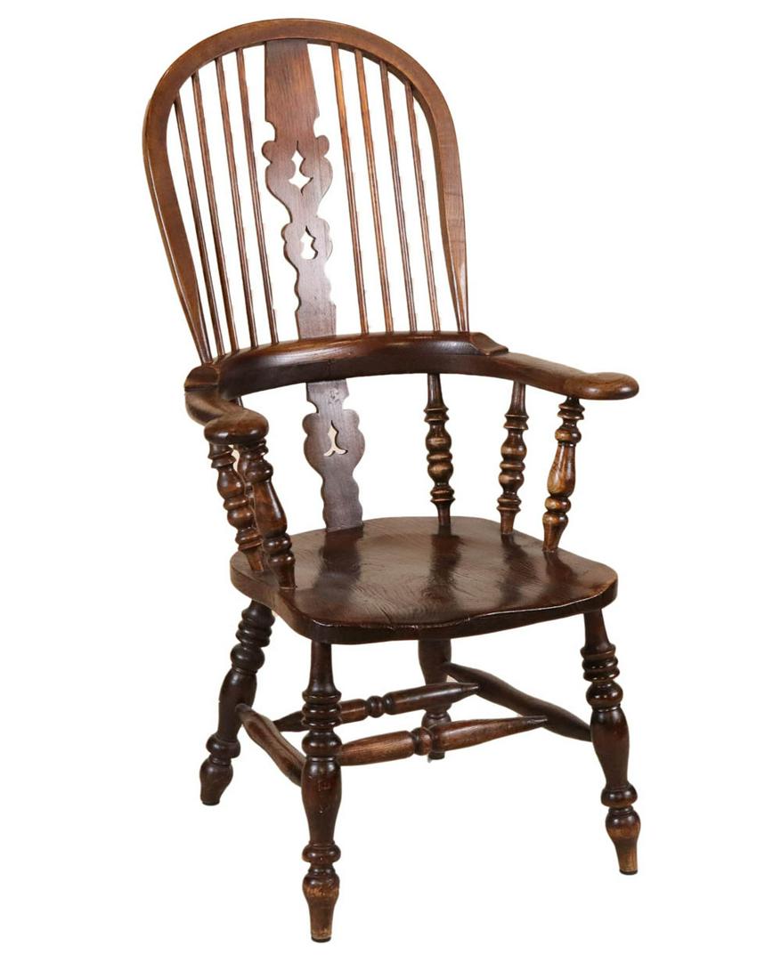High Back Elmwood Windsor Armchair: English, 19th C. Some wear and surface distress. 46"h x 26"w x 23"d