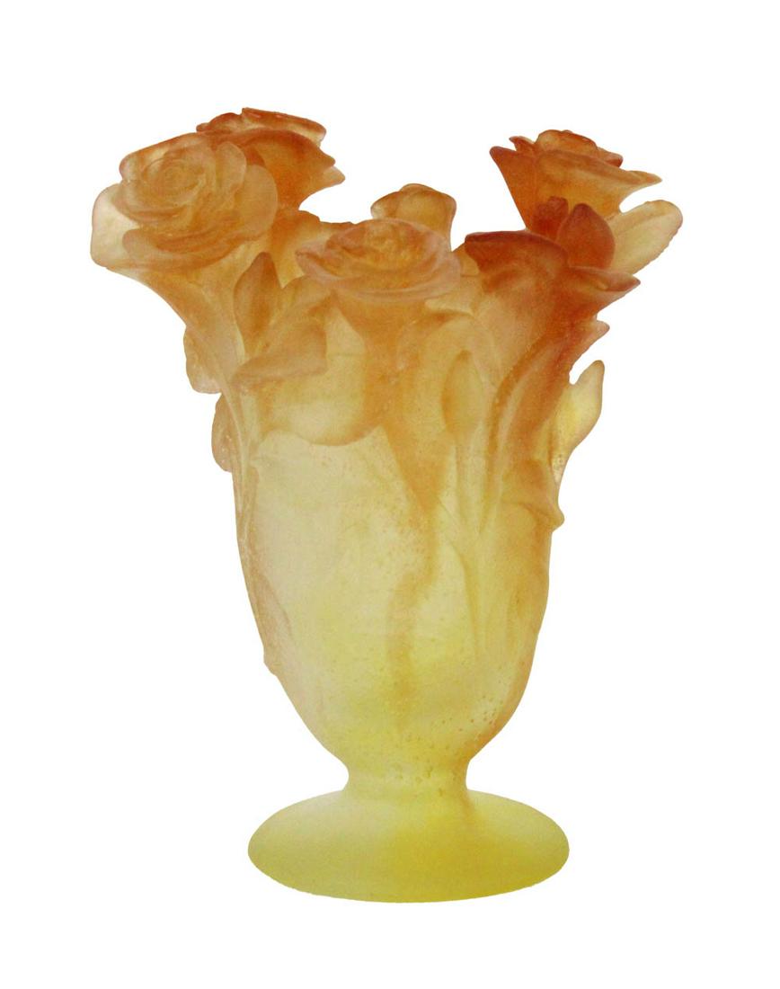 Daum Pate de Verre Yellow "Rose Passion" Vase: Signed "Daum France" on underside, in original box with fitted foam inserts Appx. 6-3/4"h x 5"dia at widest