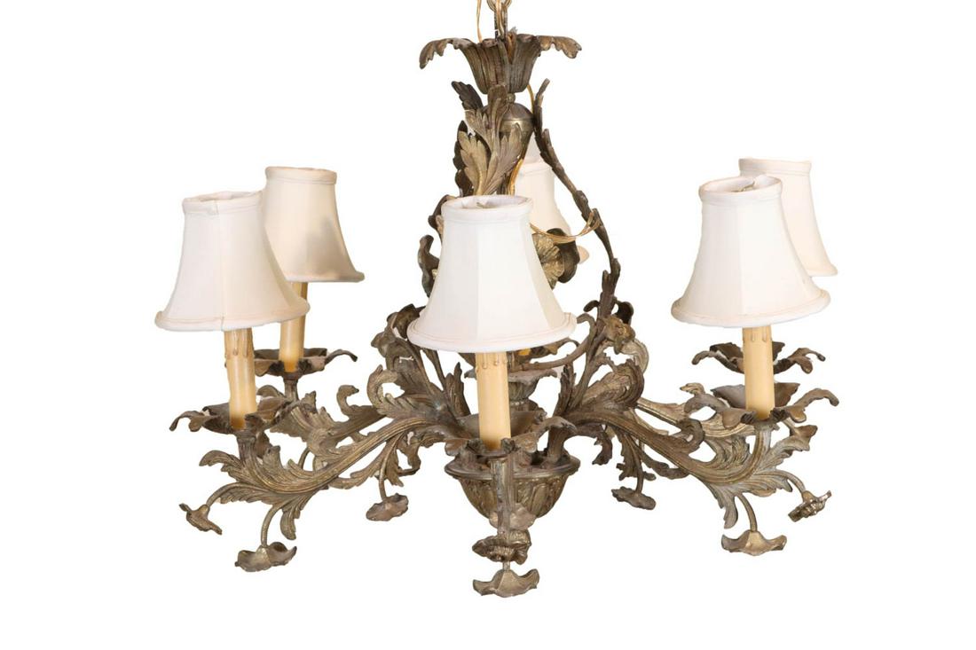Neoclassical Style Gilt Metal 6-Light Chandelier: 19th/20th C. Some wear. Appx. 18-1/2"h x 26"dia