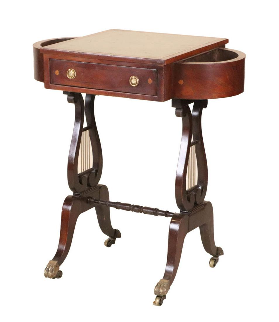 Federal Leather-Inset Mahogany Lyre End Table: Duncan Phyfe style, 19th/20th C. Lacking brass gallery, some wear and losses to leather. 27-1/2"h x 26"w x 15-1/2"d